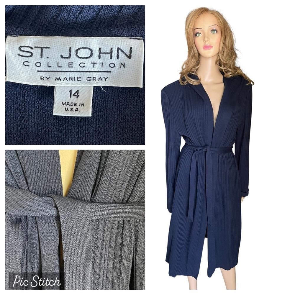 St. John‎ Collection Elegant Navy Robe sweater hooded belt size 14